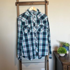 Men’s button-down, blue plaid, size large